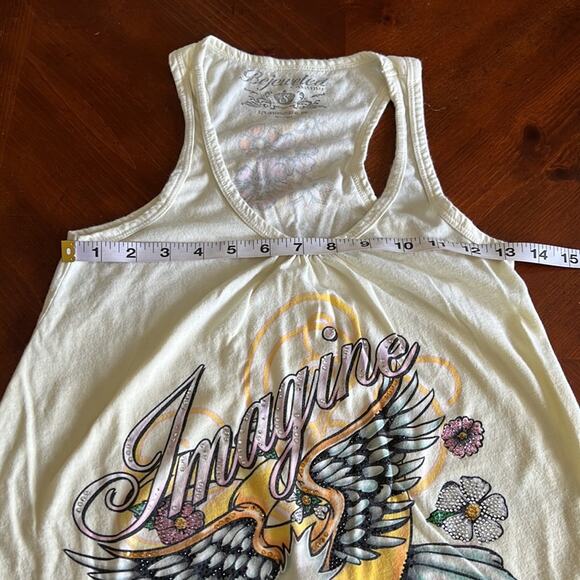 Bejeweled Size S Yellow Embellished Tank Top Woman Size Small Tattoo Print - Picture 6 of 8